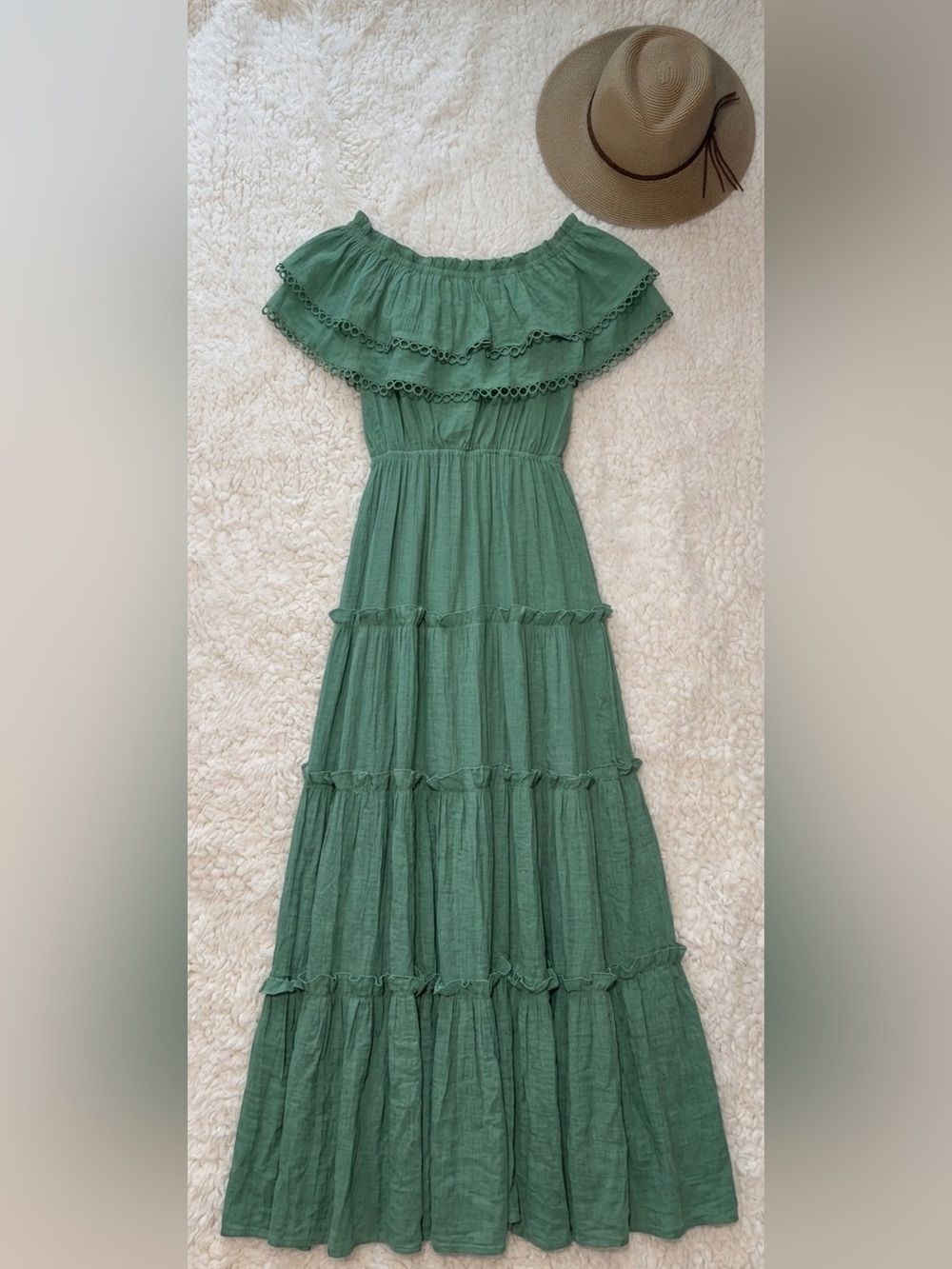 eesome Boutique Sage Green Off Shoulder Tiered Maxi Dress Sz M Boho Cottagecore